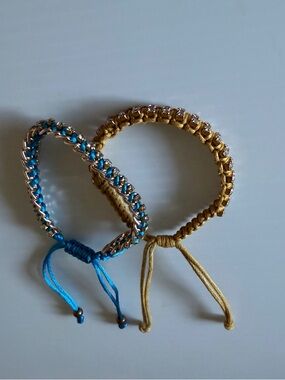 Rhinestone Friendship Macrame Bracelets - Blue & Mustard